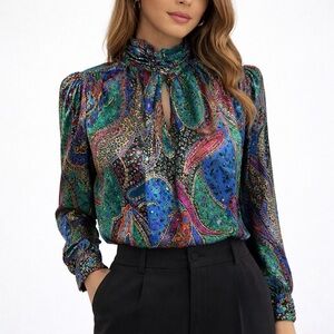 Vintage Tess 80's Colorful Long Sleeve Mock Neck Keyhole Neck Blouse Women's 8